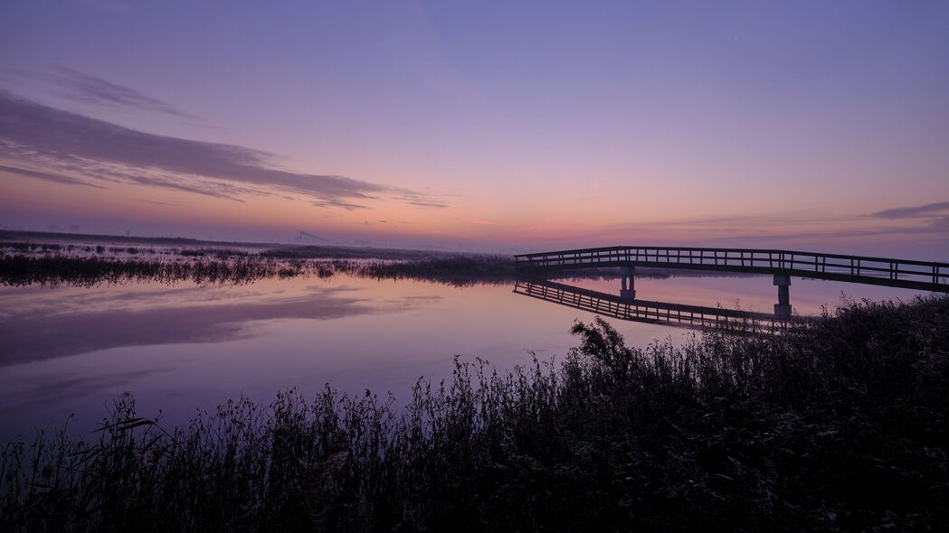 大桥 湖泊 黄昏 风景 紫色 4k壁纸 3840x2160