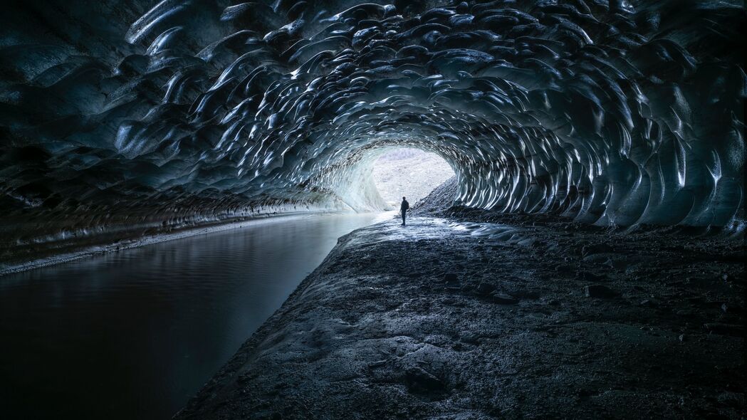 剪影 洞穴 冰 河流 隧道 4k壁纸 3840x2160