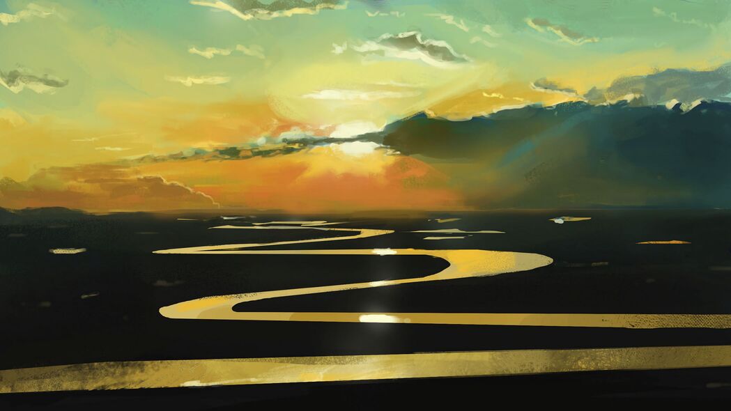 日落 河流 蜿蜒 艺术 4k壁纸 3840x2160