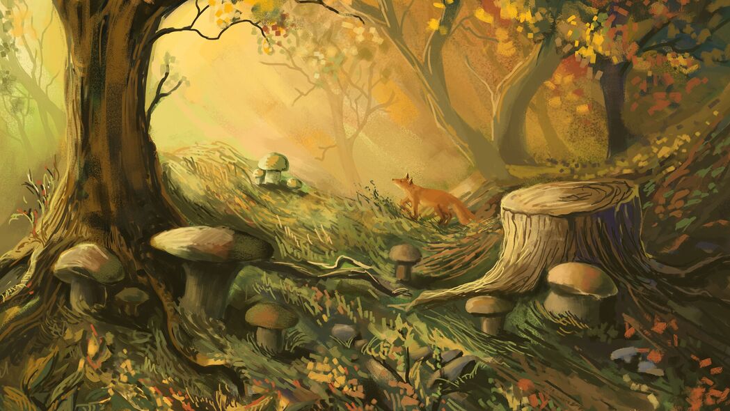 狐狸 森林 树木 蘑菇 艺术 4k壁纸 3840x2160