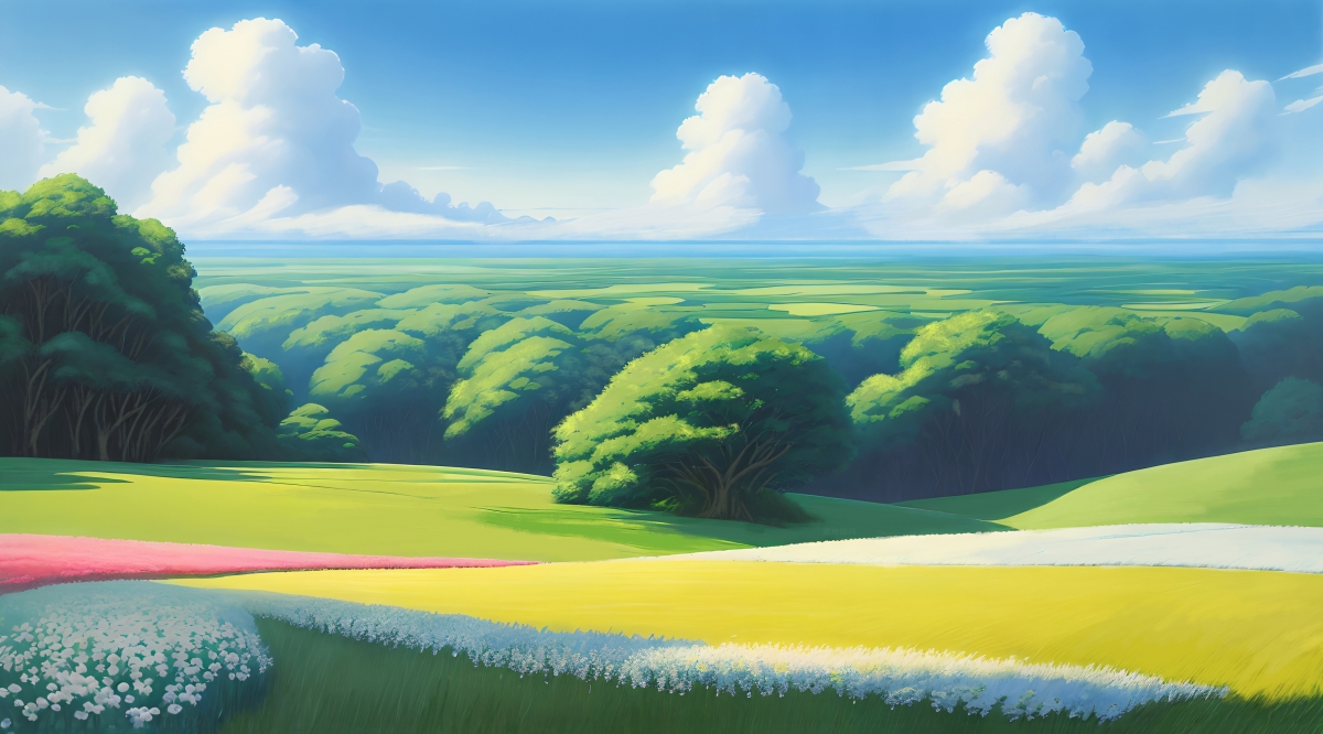 美丽的春天风景 蓝天 白云 树林 鲜花 草地 4K风景壁纸