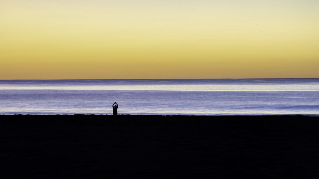 剪影 孤独 孤独 海滩 日落 海洋 4k壁纸 3840x2160