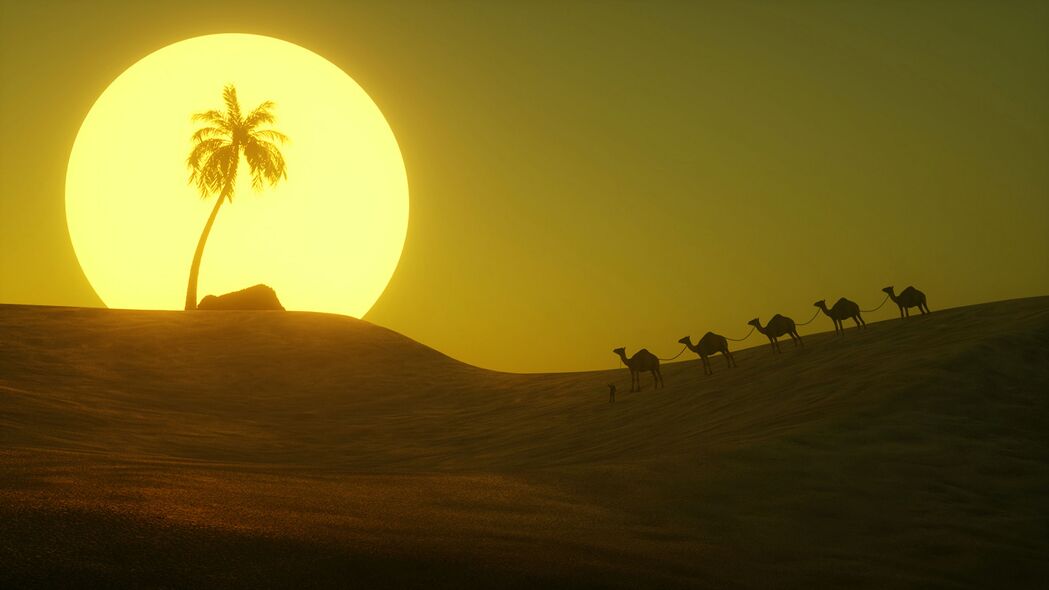 沙漠 太阳 棕榈树 山丘 艺术 4k壁纸 3840x2160
