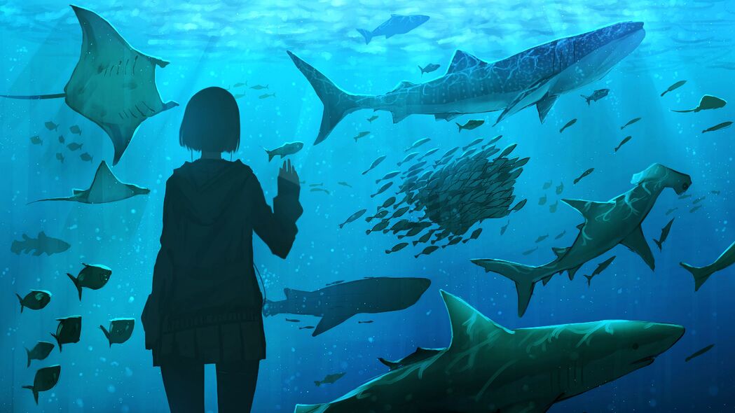 女孩 水族馆 鱼 水下世界 艺术 4k壁纸 3840x2160