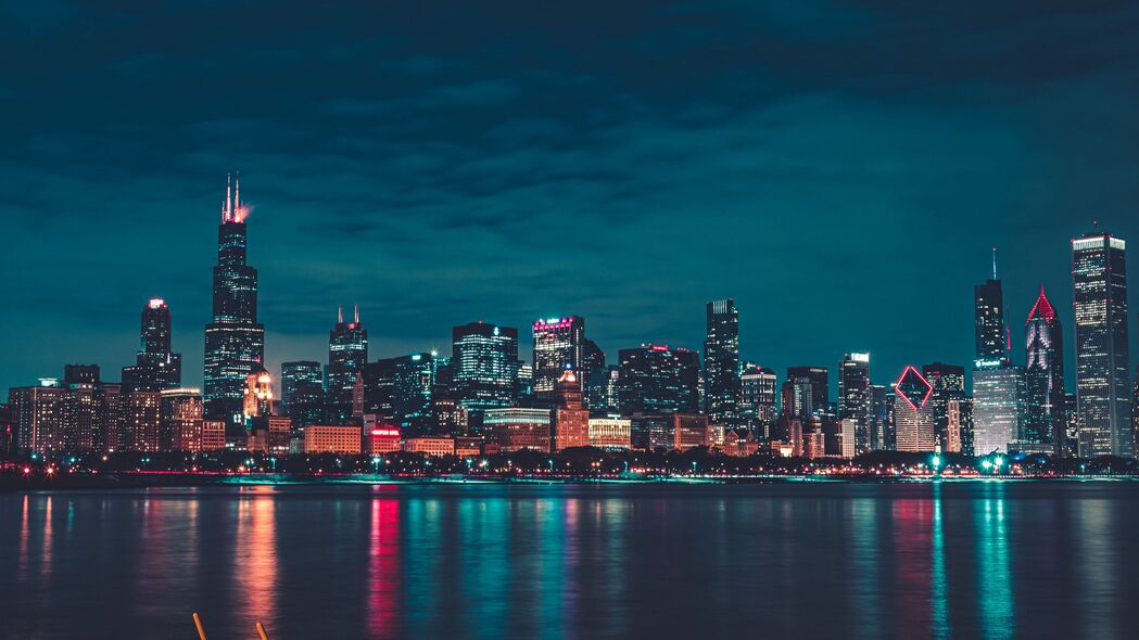 夜城 建筑 水 反射 芝加哥 4k壁纸 3840x2160