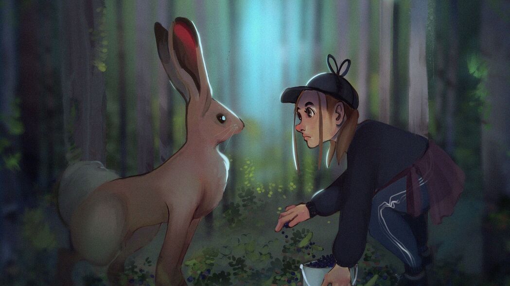 女孩 兔子 会议 森林 艺术 4k壁纸 3840x2160