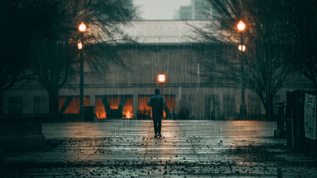 男人 雨 孤独 悲伤 行走 街道 城市 4k壁纸 3840x2160