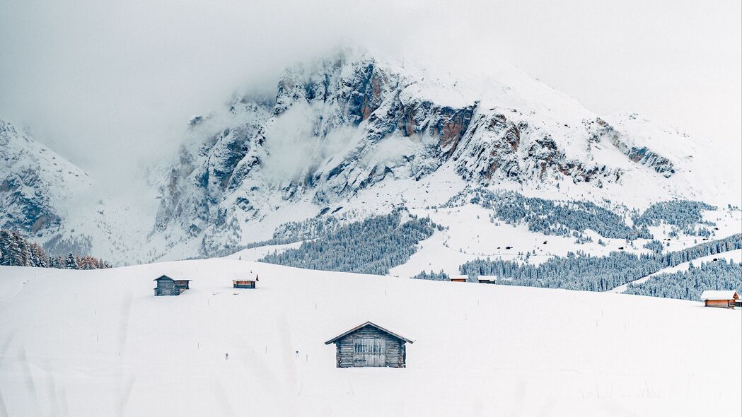 山脉 雪 房子 冬天 风景 4k壁纸 3840x2160