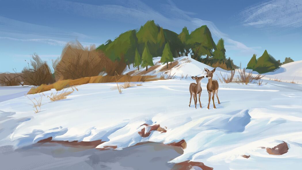 鹿 海岸 雪 冬天 野生动物 艺术 4k壁纸 3840x2160