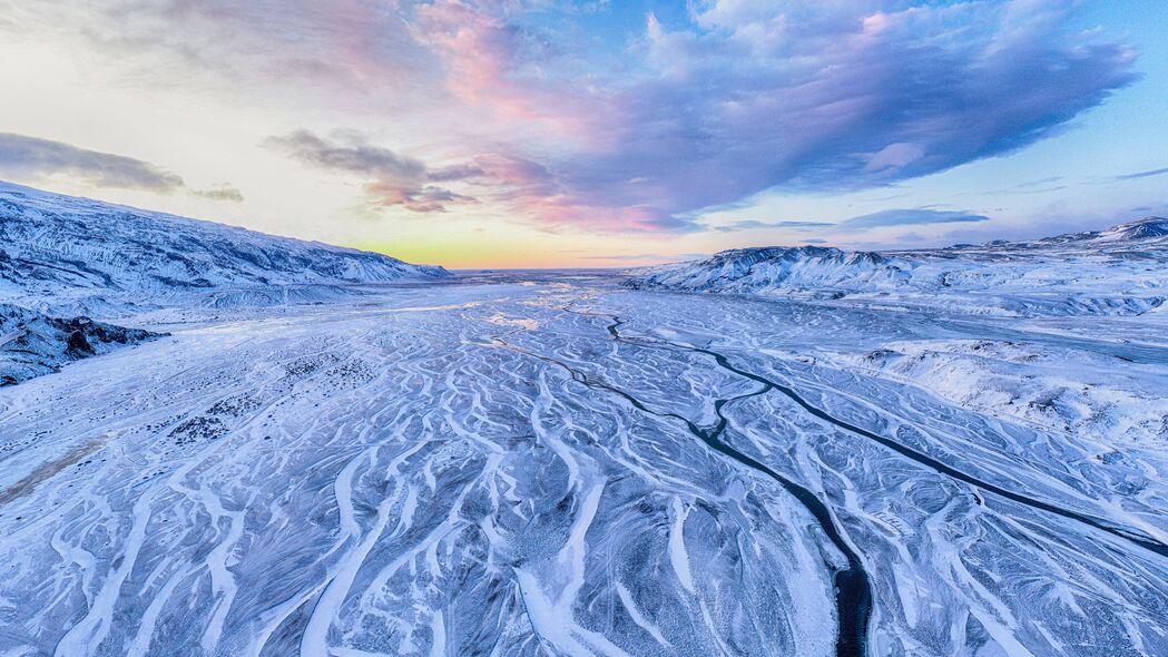 河流 山脉 雪 鸟瞰图 冬天 风景 4k壁纸 3840x2160