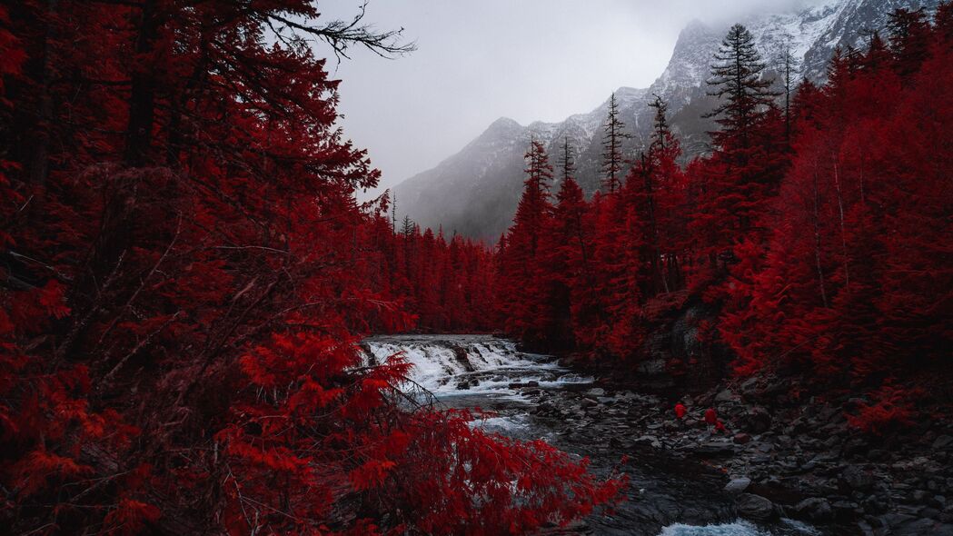 河流 树木 红色 山脉 雾 风景 4k壁纸 3840x2160