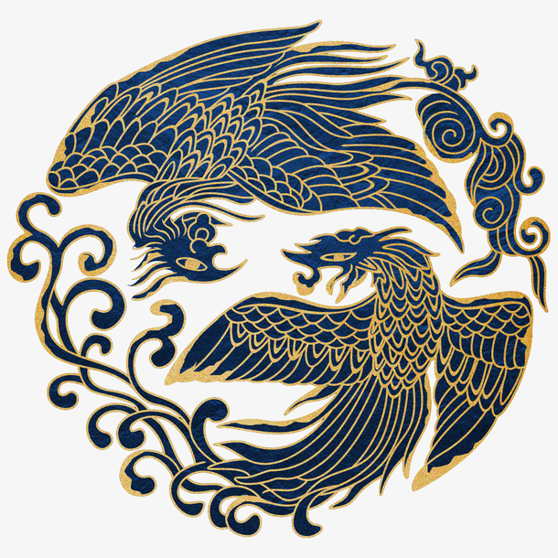中式金色描边蓝色鸟飞翔