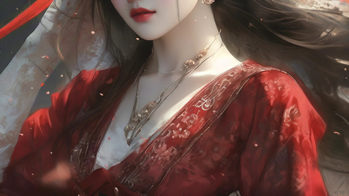 红衣古风动漫美女，蒙眼唯美新娘，高清4K动漫壁纸下载（3840x2160）