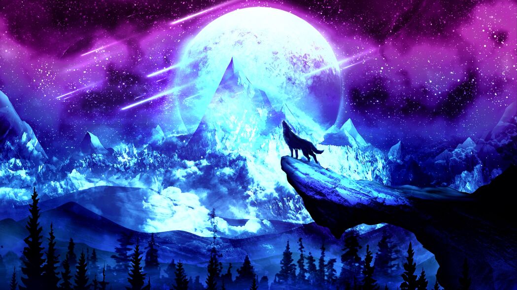 狼 月亮 夜晚 山脉 艺术 4k壁纸 3840x2160
