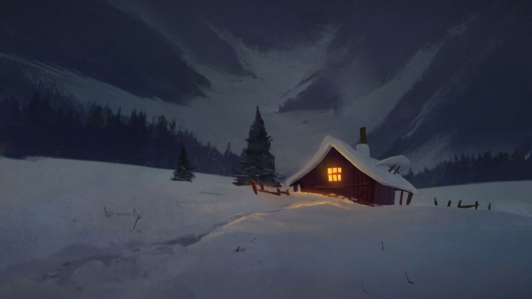 房子 小屋 夜晚 雪 艺术 4k壁纸 3840x2160