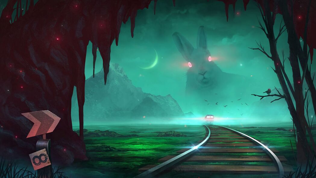 3840x2160 火车 兔子 幻觉 夜晚 艺术壁纸 背景