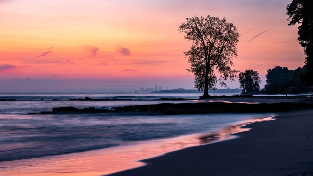 海滩 海岸 树 黄昏 深色 4k壁纸 3840x2160