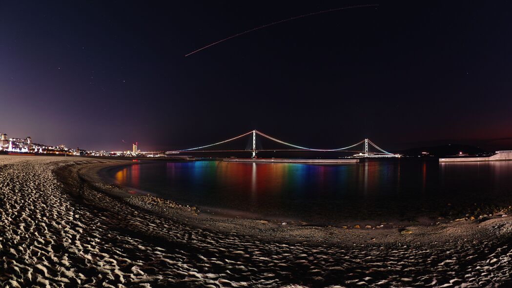 大桥 夜晚 背光 反射 海岸 4k壁纸 3840x2160