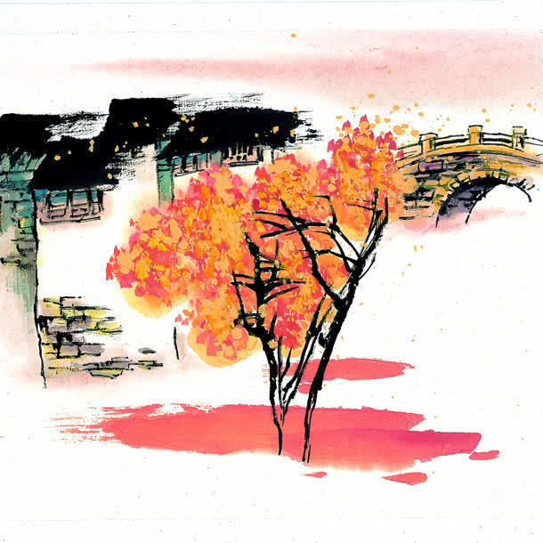中国风拱桥小巷大树海报背景