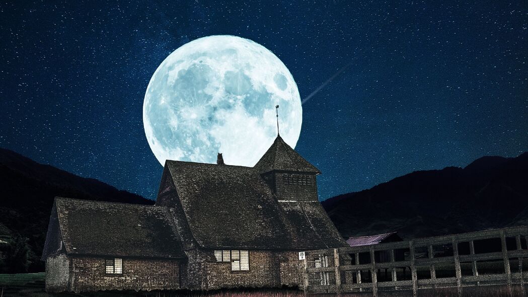 建筑 月亮 夜晚 满月 星空 4k壁纸 3840x2160