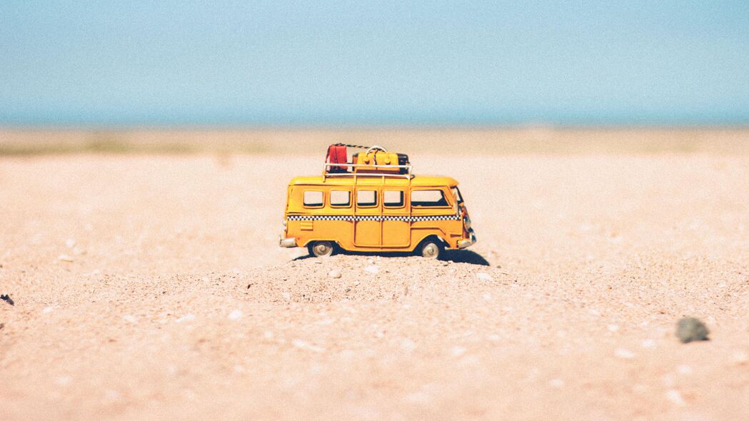 巴士 玩具 沙滩 黄色 4k壁纸 3840x2160
