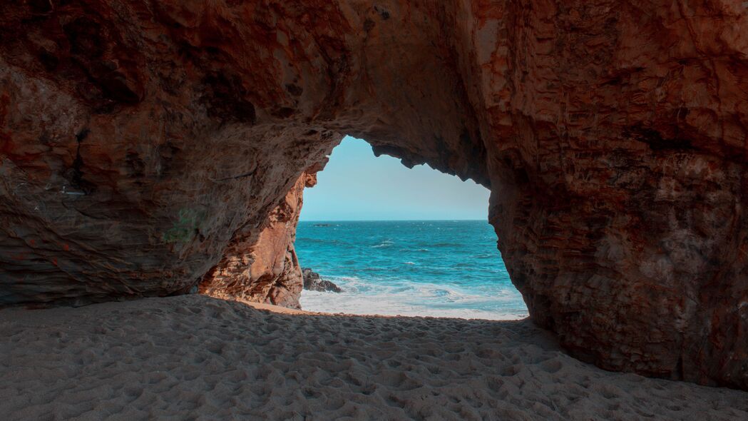 海滩 岩石 洞穴 大海 沙子 水 4k壁纸 3840x2160