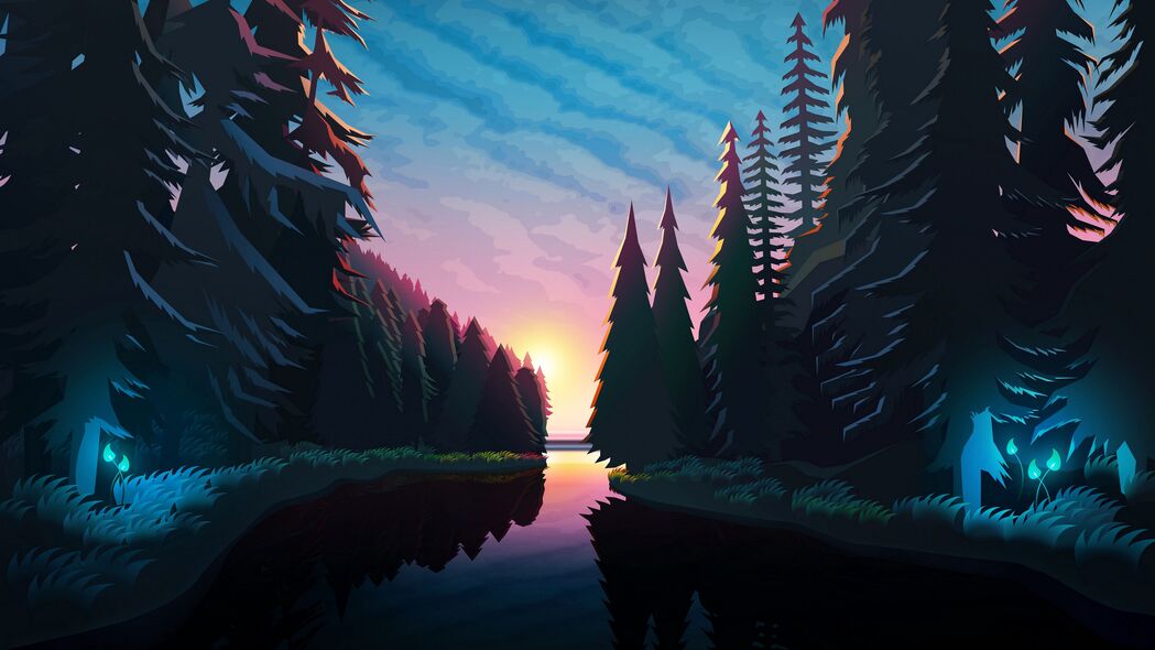 河流 森林 日落 风景 艺术 4k壁纸 3840x2160