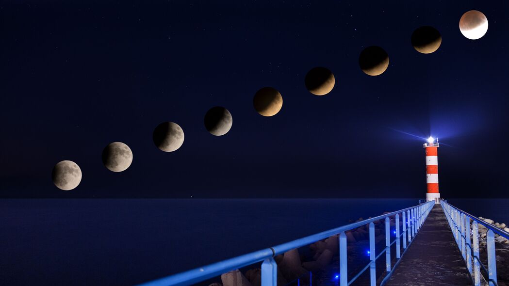 灯塔 日食 月亮 夜晚 码头 4k壁纸 3840x2160