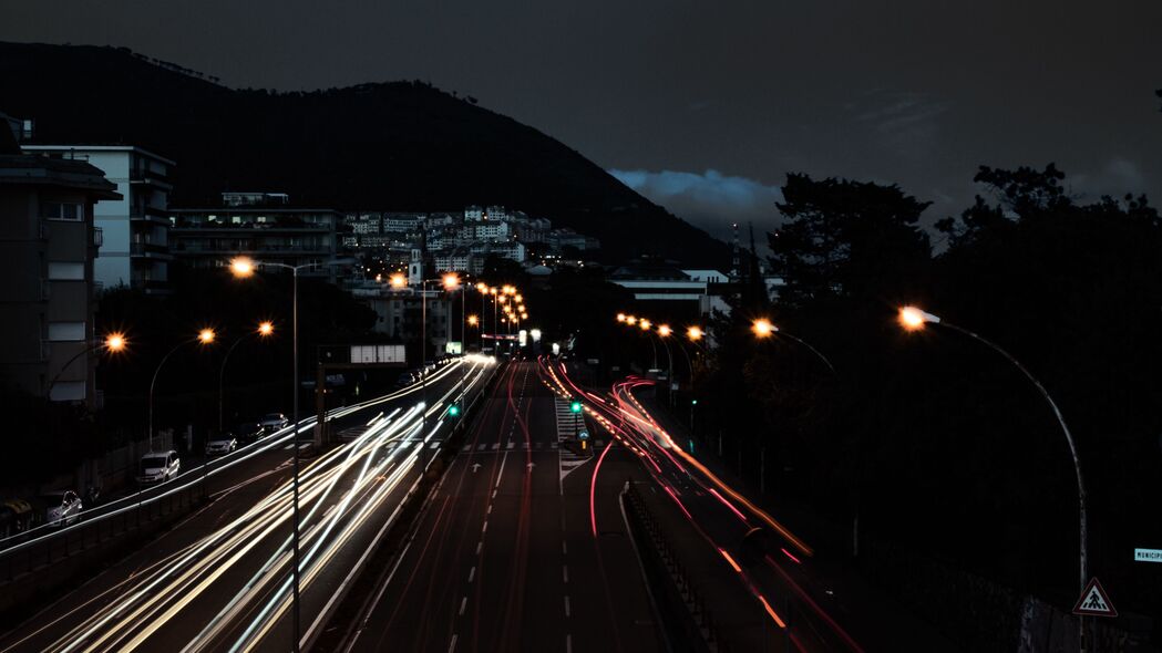 高速公路 城市 夜晚 长曝光 灯光 交通 4k壁纸 3840x2160