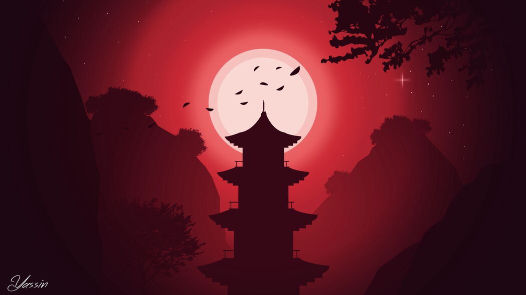 建筑 月亮 夜晚 矢量 艺术 红色 4k壁纸 3840x2160