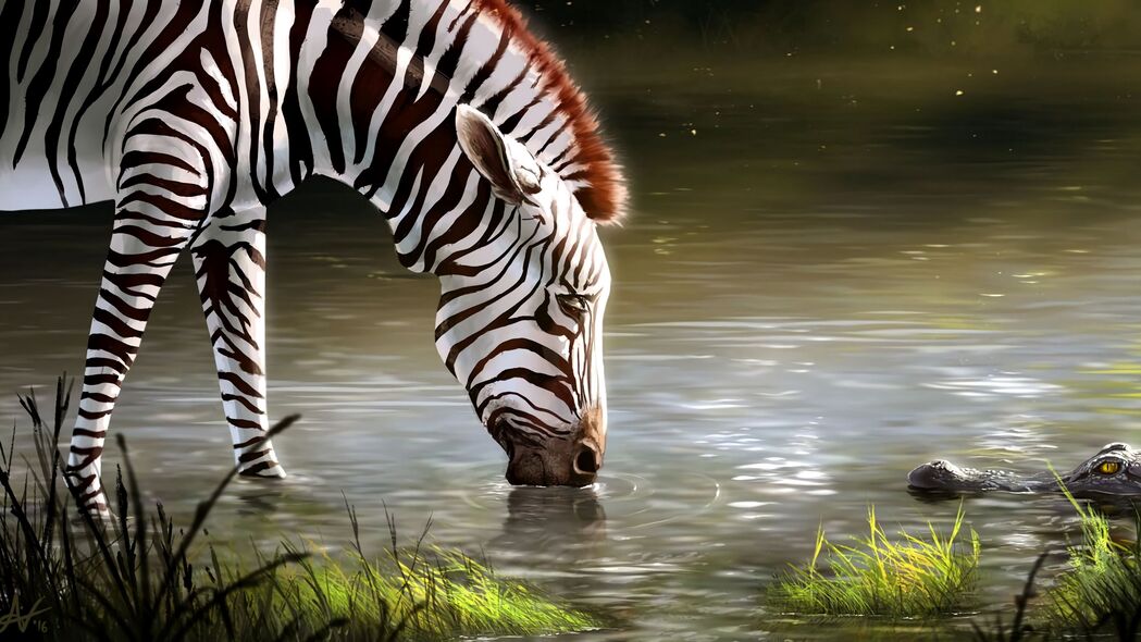 斑马 湖泊 艺术 动物 野生动物 4k壁纸 3840x2160