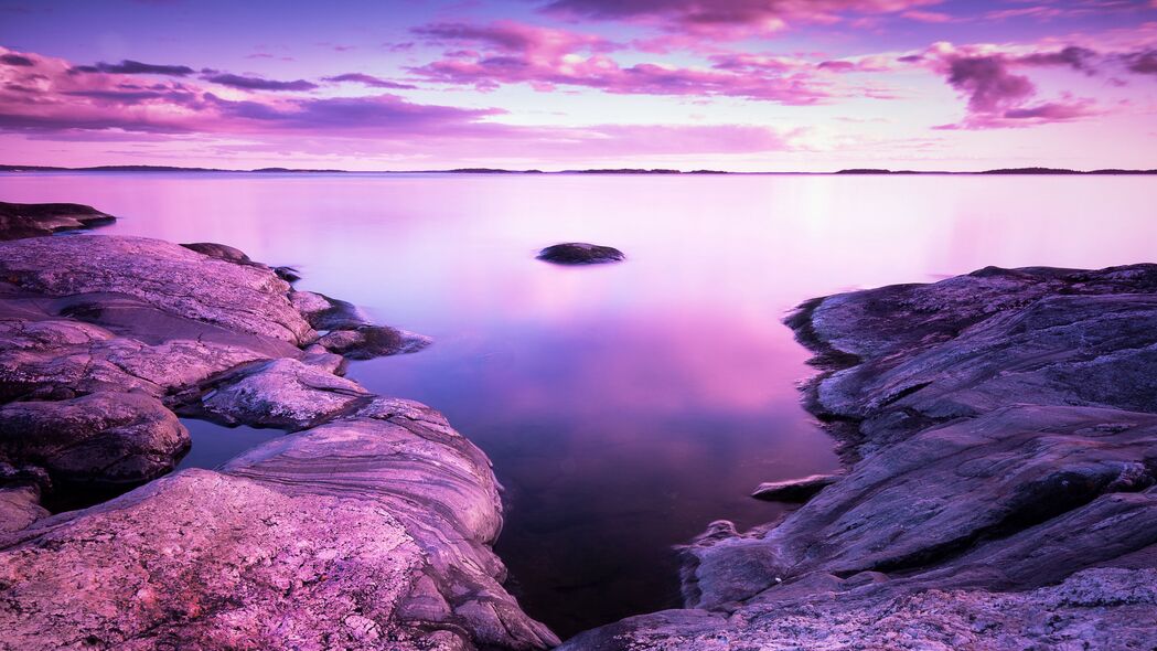湖 石头 风景 海岸 云 紫色 4k壁纸 3840x2160