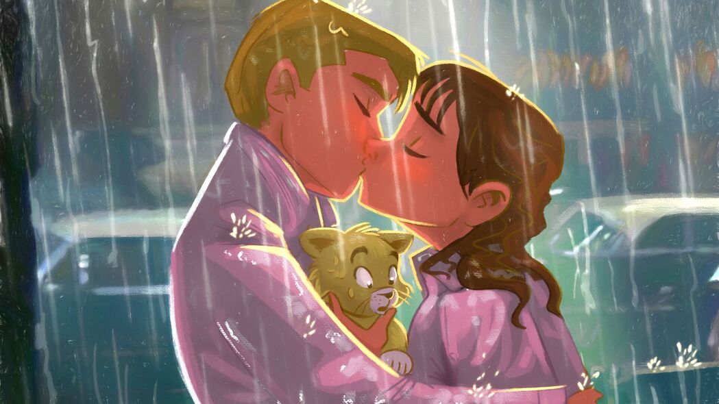 接吻 情侣 艺术 爱情 小猫 下雨 4k壁纸 3840x2160