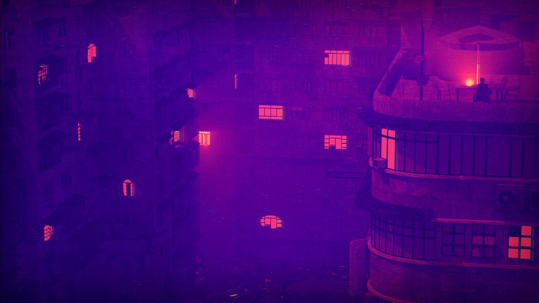 建筑 屋顶 露台 灯光 夜晚 紫色 4k壁纸 3840x2160