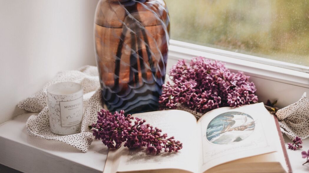 淡紫色 书 花瓶 舒适 窗户 4k壁纸 3840x2160