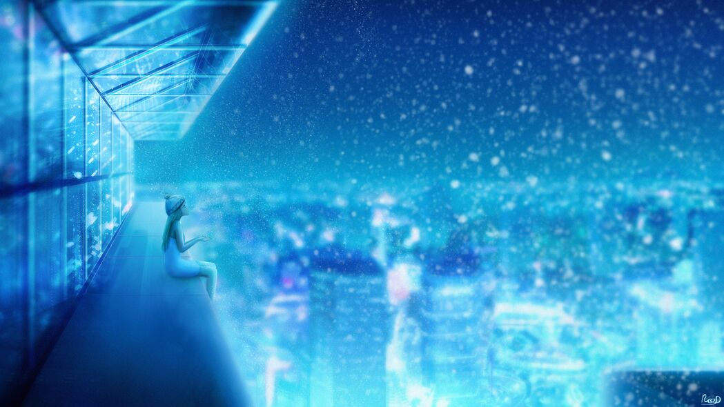 女孩 屋顶 艺术 雪 高度 蓝色 4k壁纸 3840x2160