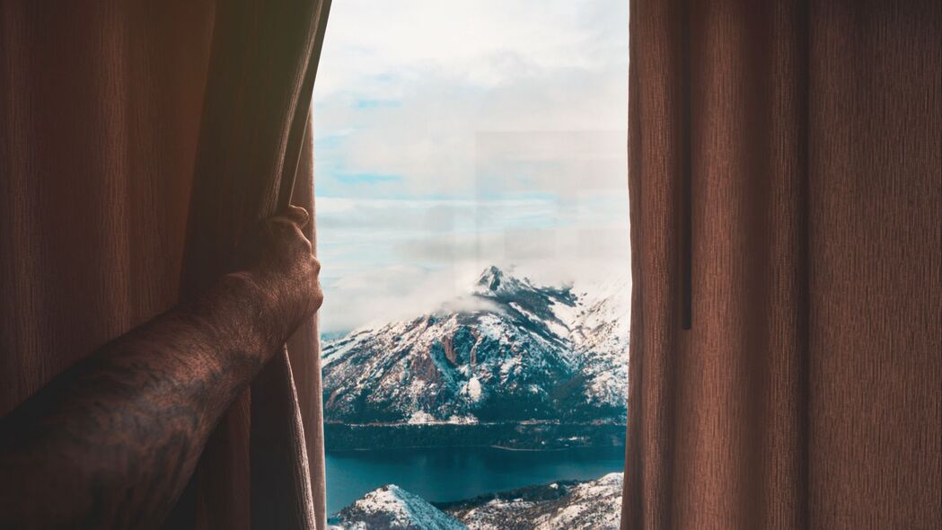 山脉 窗户 窗帘 视图 4k壁纸 3840x2160