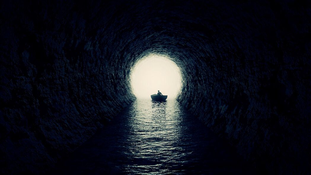 洞穴 船 剪影 水 深色 4k壁纸 3840x2160