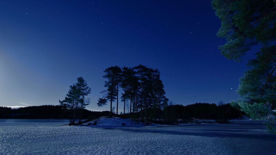 星空雪夜冬树黄昏，4K高清壁纸下载（3840x2160）