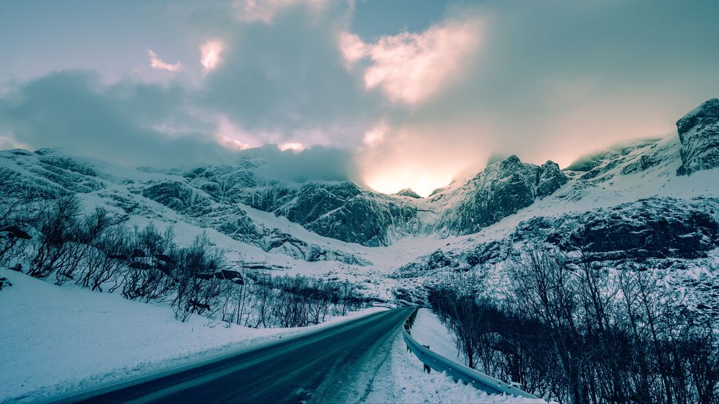 山脉 冬天 道路 雪 云 挪威 4k壁纸 3840x2160