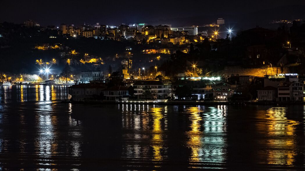 夜城 城市灯光 海岸 反射 光 伊斯坦布尔 土耳其 4k壁纸 3840x2160