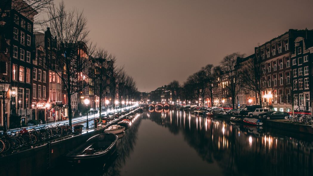 夜城 运河 城市灯光 阿姆斯特丹 荷兰 4k壁纸 3840x2160