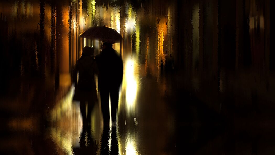 情侣 雨伞 雨 剪影 散步 浪漫 4k壁纸 3840x2160