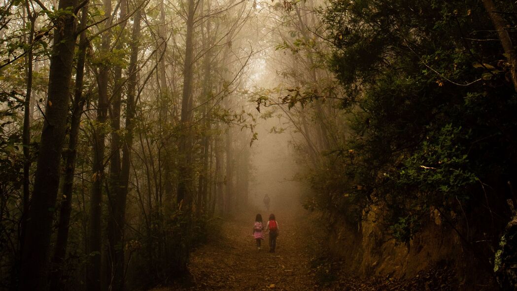 雾 森林 路径 儿童 步行 4k壁纸 3840x2160