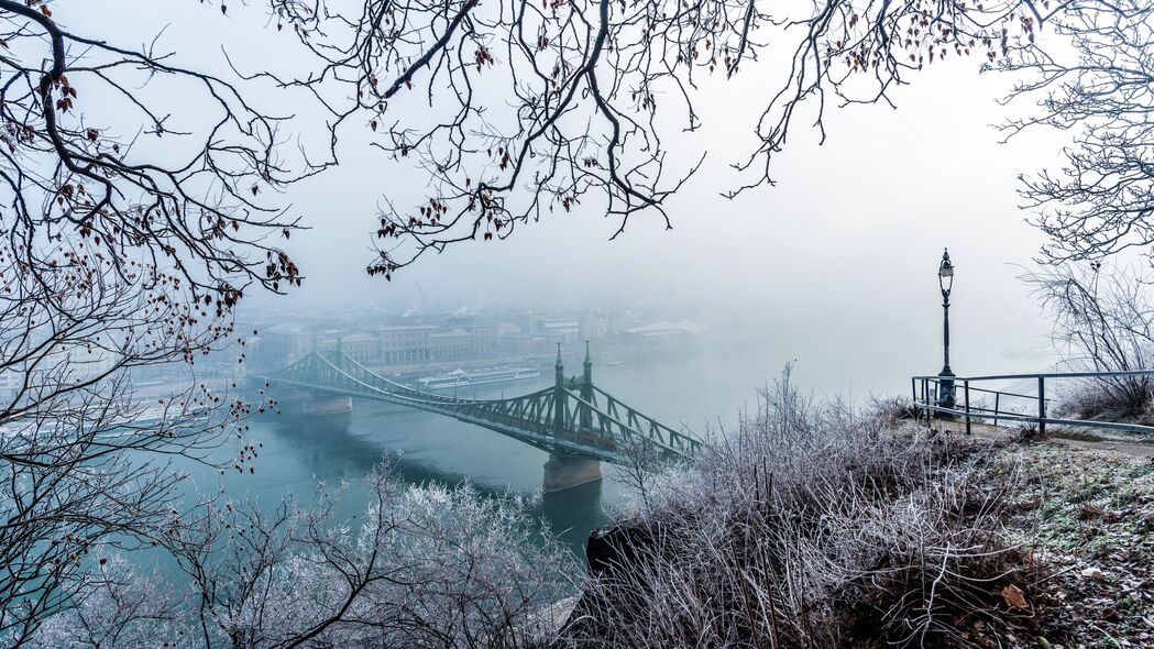 桥 雾 鸟瞰图 树枝 霜 雪 冬天 布达佩斯 匈牙利 4k壁纸 3840x2160