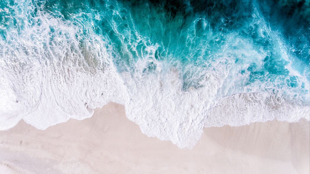 海洋 鸟瞰图 冲浪 波浪 泡沫 沙子 海岸 4k壁纸 3840x2160