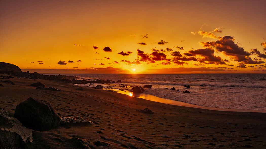 海洋 日落 海岸 海滩 沙滩 地平线 金丝雀岛 西班牙 4k壁纸 3840x2160
