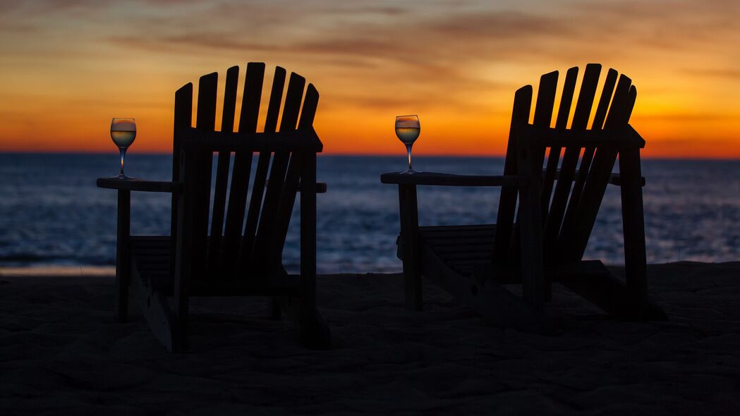 椅子 海滩 日落 休息 玻璃 4k壁纸 3840x2160