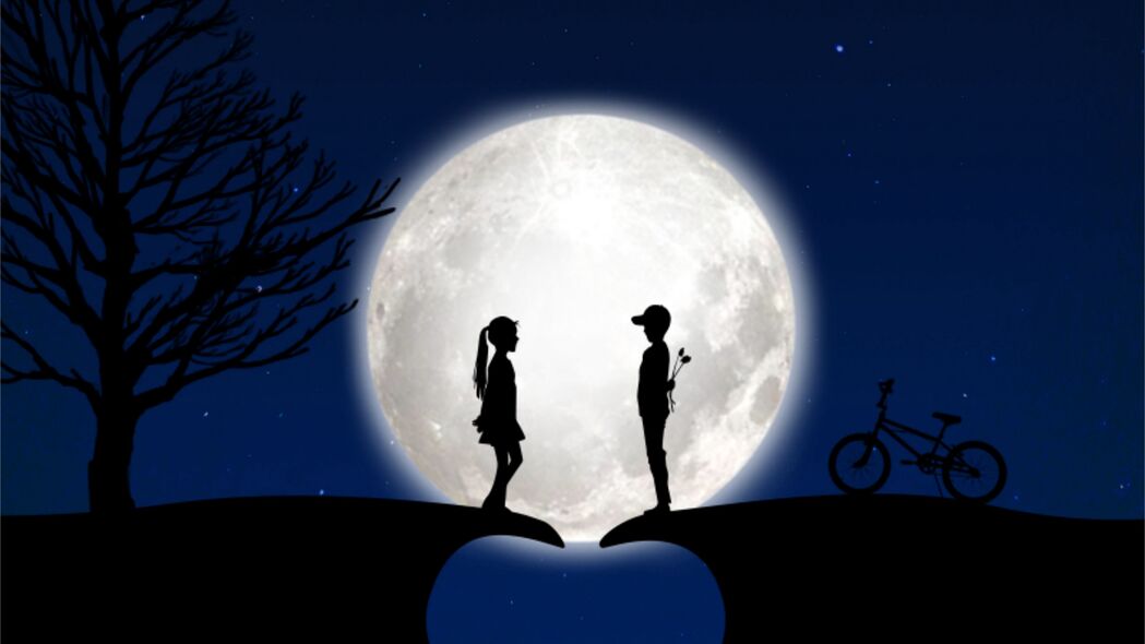 儿童 剪影 爱情 月亮 浪漫 4k壁纸 3840x2160