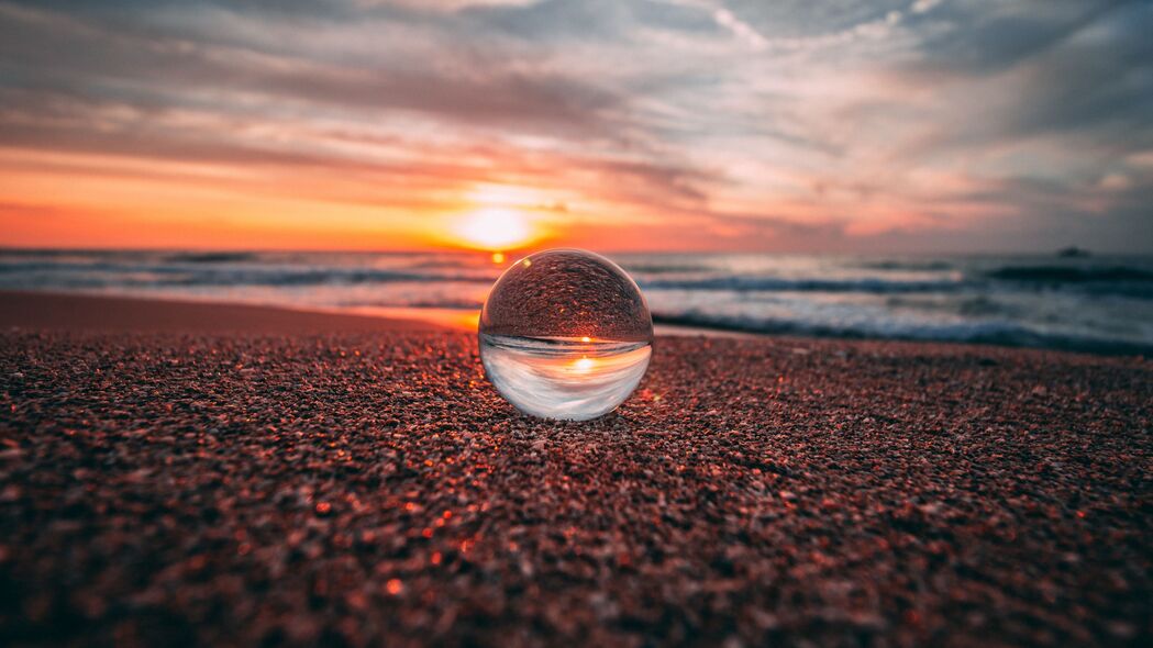 球 玻璃 反射 大海 日落 海岸 4k壁纸 3840x2160